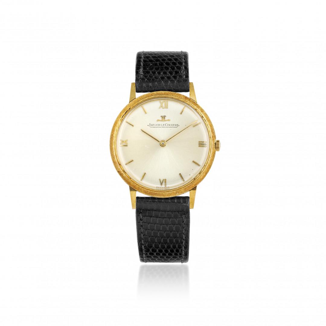 JAEGER-LECOULTRE REF. 1918 IN GOLD, WITH BOX AND PAPERS, SOLD IN 1963: JAEGER-LECOULTRE REF. 1918 IN GOLD, WITH BOX AND PAPERS, SOLD IN 1963 Case: signed, n. 916102, three-body in 18K gold, snap on caseback, with bark finishing bezel. Bracelet/Strap: generic, "AW" gold p