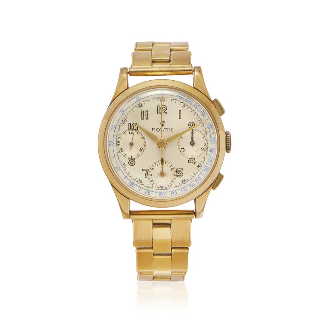 ROLEX CHRONOGRAPH REF. 3335 IN GOLD, BOX AND PAPER, SOLD IN 1948: ROLEX CHRONOGRAPH REF. 3335 IN GOLD, BOX AND PAPER, SOLD IN 1948 Case: signed, n. 55686, three-body in 18K gold, snap on caseback, rectangular pushers. Bracelet/Strap: unmarked, in 18K gold, Oyster, e