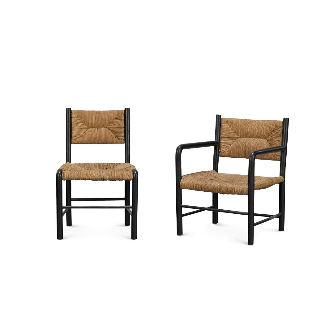 EMANUELE RAMBALDI One armchair and one chair for Chiappe: One armchair and one chair for Chiappe 1930s Painted wood, braided straw. Armchair 28.74 x 20.87 x 23.62 in. Chair 29.92 x 19.29 x 18.50 in. Bibliografia/Literature Domus N.65 Maggio 1933, p. 232.