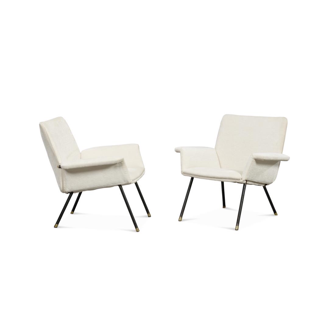 AUGUSTO BOZZI 1924-1982 Two armchairs for F.lli Saporiti: Two armchairs for F.lli Saporiti 1950s Brass, painted metal, fabric. Minor wear marks. 30.71 x 33.07 x 28.74 in. Bibliografia/Literature Domus N. 361, Dicembre 1956, pagina pubblicitaria.