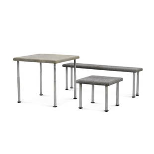 ROBERTO GABETTI, AIMARO ISOLA, GUIDO DROCCO E LUCIANO RE Table, bench and stool for Centro: Table, bench and stool for Centro Residenziale Olivetti 1970 Plastic, metal, Tapison. Stool 17.32 x 22.05 x 22.05 in. Table 29.53 x 31.50 x 31.50 in. Bench 19.68 x 59.05 x 19.68 in.