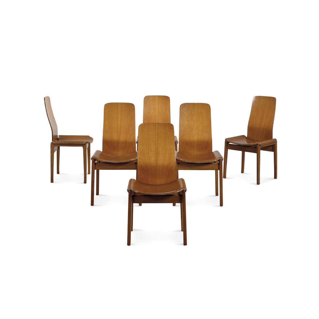 TITO AGNOLI 1931-2012 '4405' Six 'Fiorenza' chairs for Molteni: Six 'Fiorenza' chairs for Molteni 1970 Wood, leather. Minor defects. 37.01 x 18.90 x 21.26 in. Bibliografia/Literature Domus N. 492, Novembre 1970, pagina pubblicitaria.