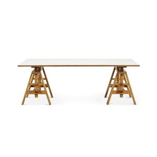 ACHILLE E PIER GIACOMO CASTIGLIONI 'Leonardo' table for Zanotta: 'Leonardo' table for Zanotta 1968 Wood, laminate. Manufacturer's mark. Minor defects. 28.35 x 78.74 x 39.37 in.