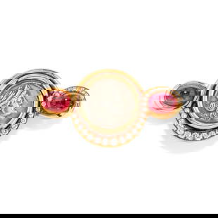 COIN, TOURMALINE AND DIAMOND BROOCH, BULGARI: COIN, TOURMALINE AND DIAMOND BROOCH, BULGARI in 18K yellow gold with a republican Denarius framed by two oval cabochon-cut pink tourmalines highlighted with brilliant-cut diamonds weighing approx. 0.6