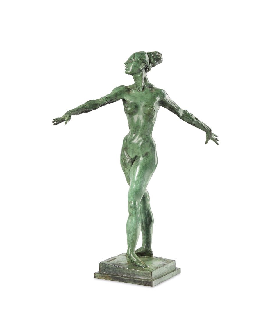 FRANCESCO MESSINA 1900-1995 Danzatrice 1969: Green patina bronze, ed. I/XXV. 19.68 x 16.93 x 11.81 in. Signed at the base. Work accompanied by artist's authentication on photograph.