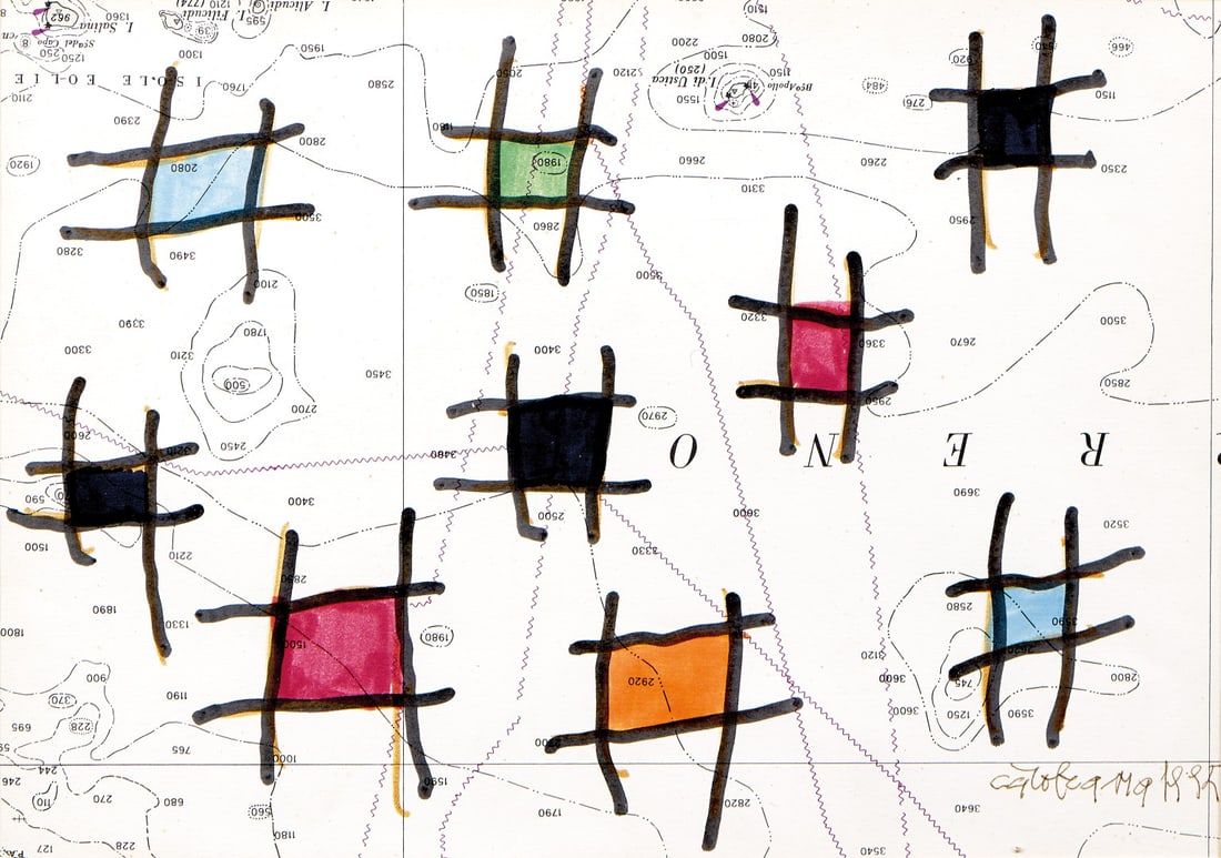 CAROL RAMA 1918-2015 Untitled 1995: Marker and enamels on map. 7.28 x 10.24 in. Signed and dated lower right recto. Work authenticated by the artist on photograph.