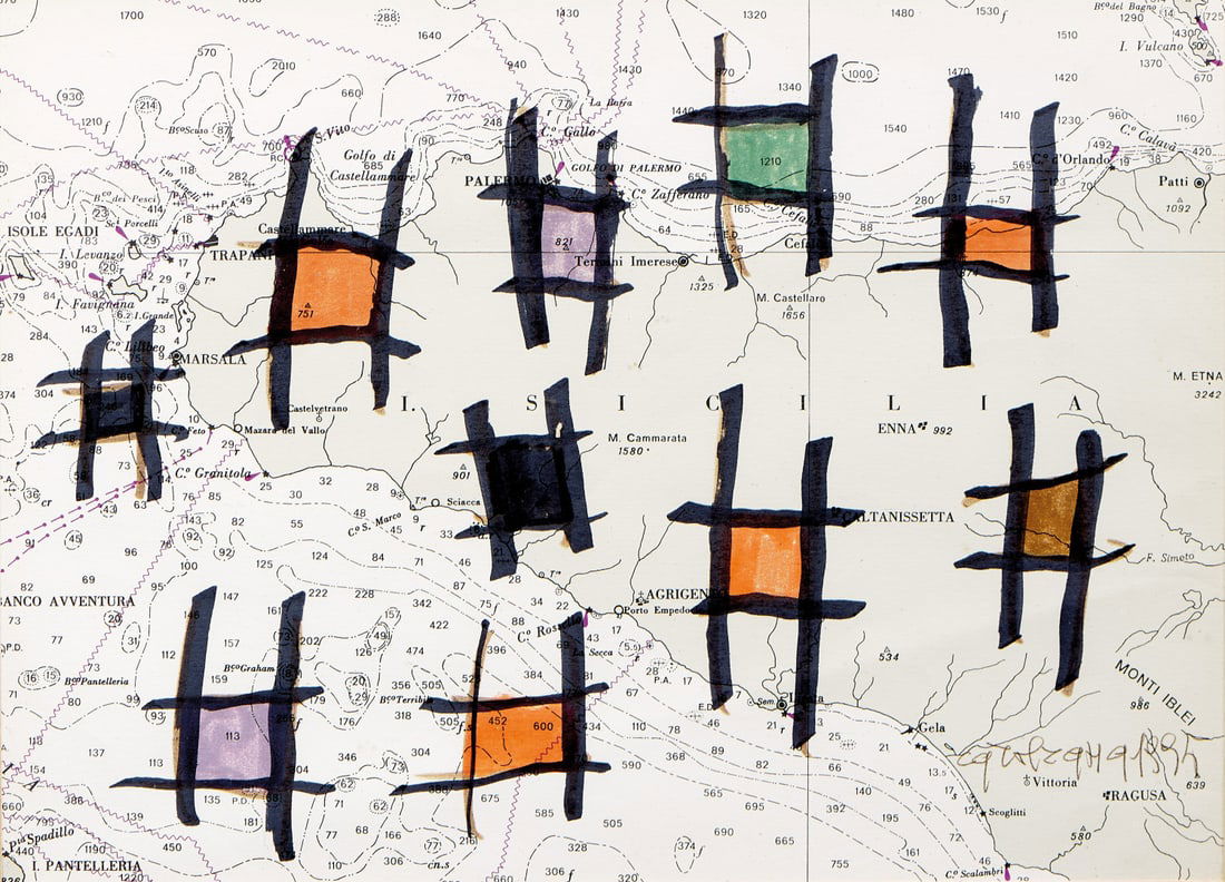 CAROL RAMA 1918-2015 Untitled 1995: Marker and enamels on map. 7.40 x 10.16 in. Signed and dated lower right recto. Work authenticated by the artist on photograph.