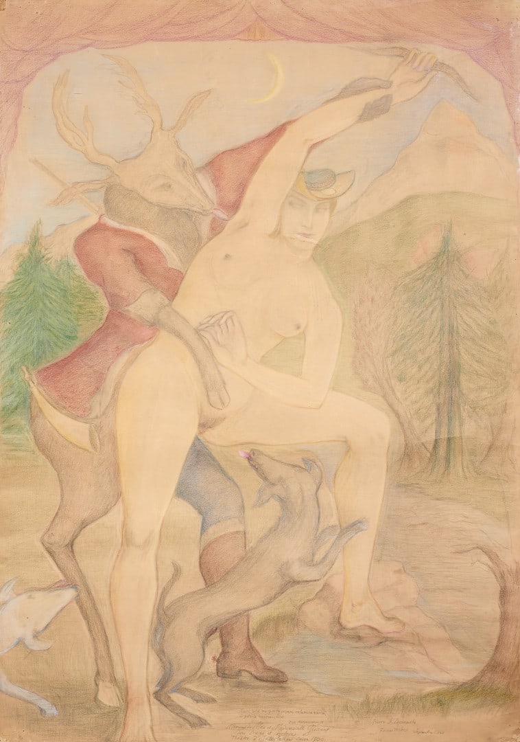 PIERRE KLOSSOWSKI 1905-2001 Diane et ActÃ©on 1955/1973: Mixed media on paper 64.96 x 47.24 in. Signed, dated lower right recto: Pierre Klossowski fevrier MCMLV Septembre LXXIII, centre: Nunc tibi me posito visam velamine narres, si potentis narrare, licet