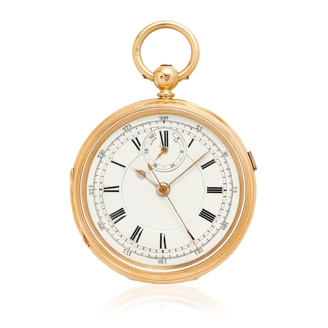 STEAD & PEARSON WITH RESERVE OF OFFICE, CIRCA 1890: STEAD & PEARSON WITH RESERVE OF OFFICE, CIRCA 1890 Case: English hallmarks, n. 89678, four body in 18K gold, lever on the band for the hack mechanism. Dial: white enamel, Roman numerals, minute track,