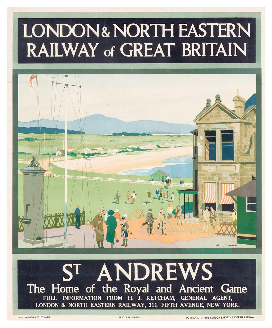 HENRY GEORGE GAWTHORN 1879-1941 St. Andrews 1925 circa: Litografia a colori, Ben Johnson & Co. LTD, York. Qualità: B. Telato. In cornice. 75,00 x 62,00 cm - Color lithograph, Ben Johnson & Co. LTD, York. Condition: B. Backed on linen. Framed. 29.53 x 24.4