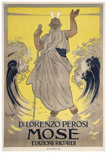 FRANZ LASKOFF 1869-1918 Mosè / Di Lorenzo Perosi / Edizioni Ricordi 1901: Litografia a colori, Off. G. Ricordi, Milano. Qualità: B+. Telato. 120,00 x 85,00 cm - Color lithograph, Off. G. Ricordi, Milano. Condition: B+. Backed on linen. 47.24 x 33.46 in.