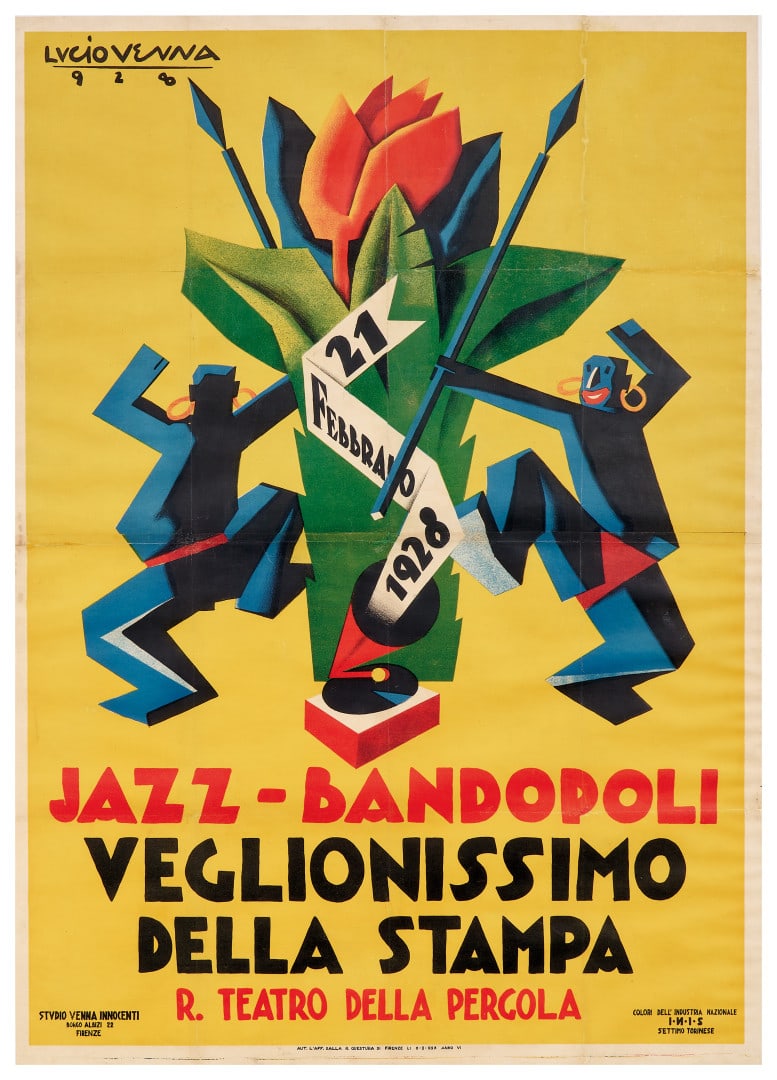 LUCIO VENNA 1897-1974 Jazz Bandopoli / Veglionissimo della stampa 1928: Litografia a colori, Studio Venna Innocenti, Firenze. Qualità: B=. Telato. In cornice. 133,50 x 95,00 cm - Color lithograph, Studio Venna Innocenti, Firenze. Condition: B=. Backed on linen. Framed. 5