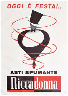 ARMANDO TESTA 1917-1992 Asti Spumante Riccadonna: Litografia a colori, S.A.I.L.E.A., Milano. Qualità: B+. Telato. 198,50 x 139,00 cm - Color lithograph, S.A.I.L.E.A., Milano. Condition: B+. Backed on linen. 78.15 x 54.72 in.