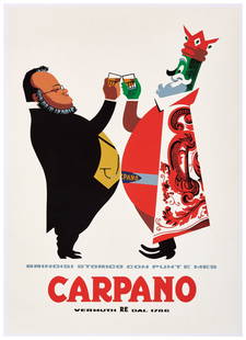 ARMANDO TESTA  1917-1992 Carpano / Brindisi con Cavour  1956: Litografia a colori, Arti Grafiche Pirovano, Milano. Qualità: B. Telato. 100,00 x 70,00 cm - Color lithograph, Arti Grafiche Pirovano, Milano. Condition: B. Backed on linen. 39.37 x 27.56 in.