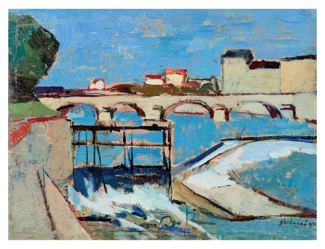 ENRICO PAULUCCI 1901-1999 Il ponte 1947 - ENRICO PAULUCCI 1901-1999 The bridge 1947: Olio su tela. 30,00 x 40,00 cm Firmato e datato al recto in basso a destra. - Oil on canvas. 11.81 x 15.75 in. Signed and dated lower right recto.