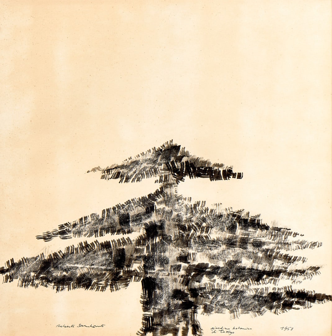 ROBERTO SAMBONET 1924-1995 Giardino botanico di Tokyo 1958 - ROBERTO SAMBONET 1924-1995 Giardino: Tecnica mista su carta. 49,50 x 49,50 cm Firmato, titolato e datato al recto in basso. Opera visionata solo in cornice. - Mixed media on paper. 19.49 x 19.49 in. Signed, titled and dated lower recto.