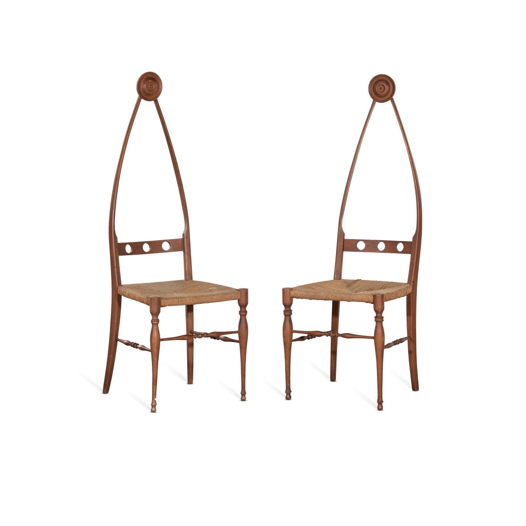 POZZI E VERGA Due sedie anni ‘50 - POZZI E VERGA Two chairs 1950s: Legno, corda intrecciata. Difetti. 126,00 x 43,00 x 40,00 cm (2) - Wood, braided rope. Defects. 49.61 x 16.93 x 15.75 in. (2)