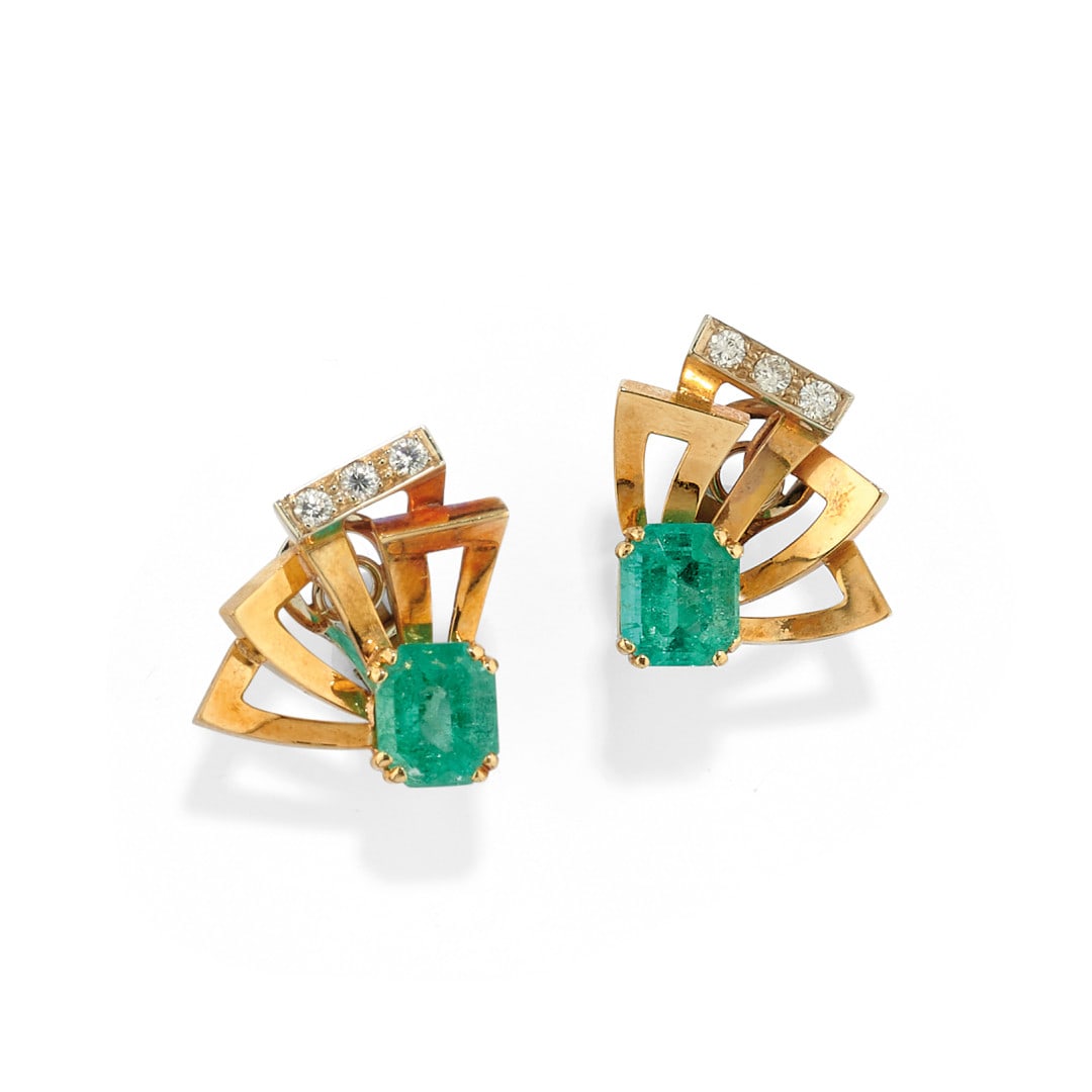 Paio di orecchini a clip in smeraldi e diamanti  - PAIR OF EMERALD AND DIAMOND EAR CLIPS (1 of 1)