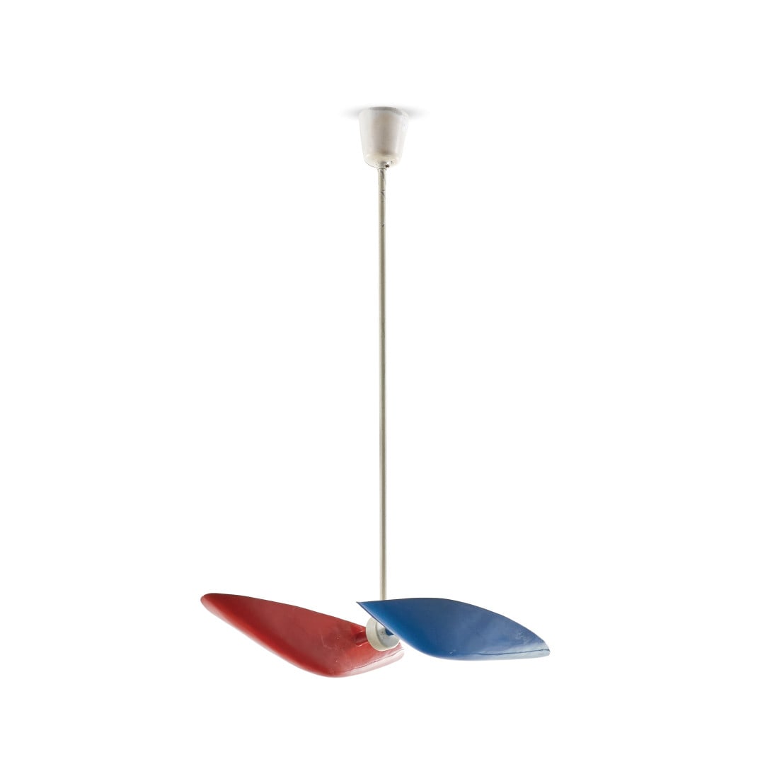 ANTONELLO VINCENTI Lampada a sospensione '425' per O-Luce 1952 - ANTONELLO VINCENTI '425' pendant: Ottone verniciato. Lievi difetti. Inedita. Si ringrazia Thomas Braeuniger per il contributo all'identificazione e l'inserimento in archivio. 80,00 x 33,00 x 50,00 cm - Varnished brass. Minor defects. 