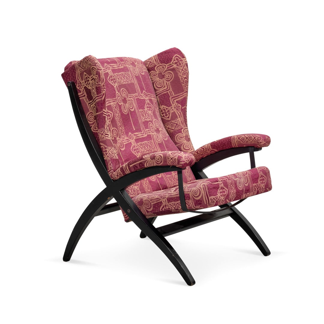 FRANCO ALBINI E FRANCA HELG Poltrona ‘PL44’ per Poggi 1967 - FRANCO ALBINI E FRANCA HELG: Legno verniciato, tessuto, pelle. Lievi difetti. 103,00 x 75,00 x 88,00 cm - Painted wood, fabric, leather. Minor defects. 40.55 x 29.53 x 34.65 in.