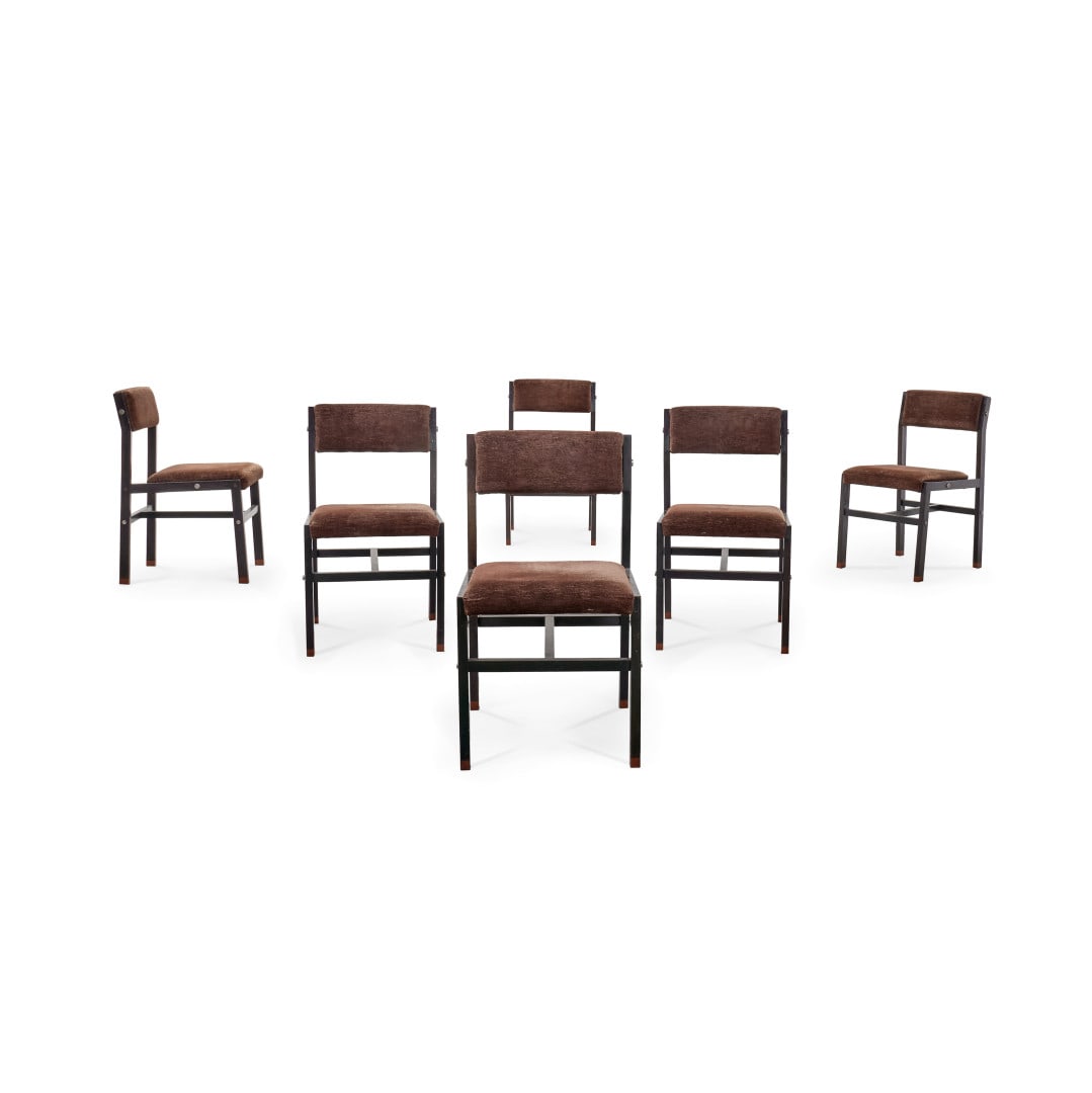 PIETER DE BRUYNE 1931-1987 Sei sedie per La Permanente Mobili Cantù 1961 - PIETER DE BRUYNE: Legno tinto, metallo, tessuto. Lievi difetti. 79,00 x 44,00 x 48,00 cm (6) - Stained wood, metal, fabric. Minor defects. 31.10 x 17.32 x 18.90 in. (6)