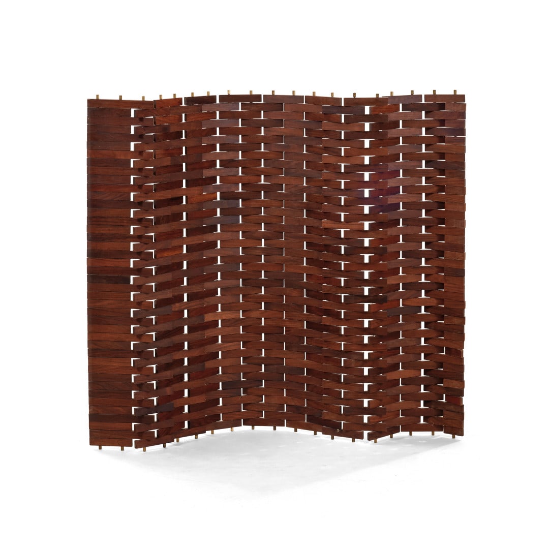 EZIO E ROBERTO POGGI Raro paravento ‘PR21’ per Poggi anni ‘60 - EZIO E ROBERTO POGGI Rare: Legno, ottone. Lievi difetti. Parere verbale favorevole dell'Archivio Poggi. 134,00 x 150,00 x 1,00 cm - Wood, brass. Minor defects. Verbal approval from the Poggi Archive. 52.76 x 59.05 x 0.39 in.