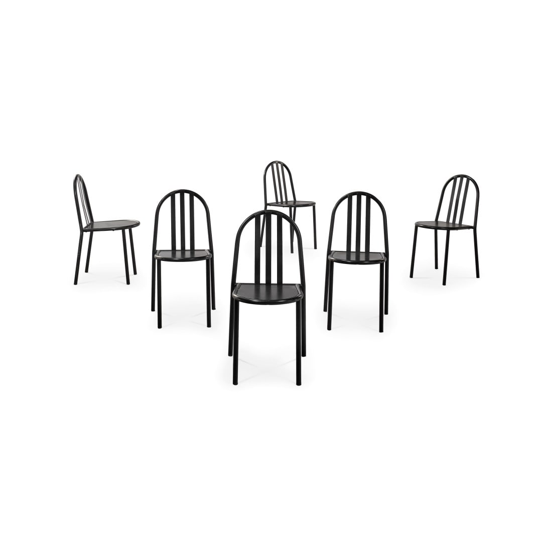 ROBERT MALLET STEVENS 1886-1945 Sei sedie produzione anni ‘80 - ROBERT MALLET STEVENS: Metallo verniciato. Segni d'uso. 81,50 x 40,00 x 42,00 cm (6) - Varnished metal. Wear marks. 32.09 x 15.75 x 16.54 in. (6)