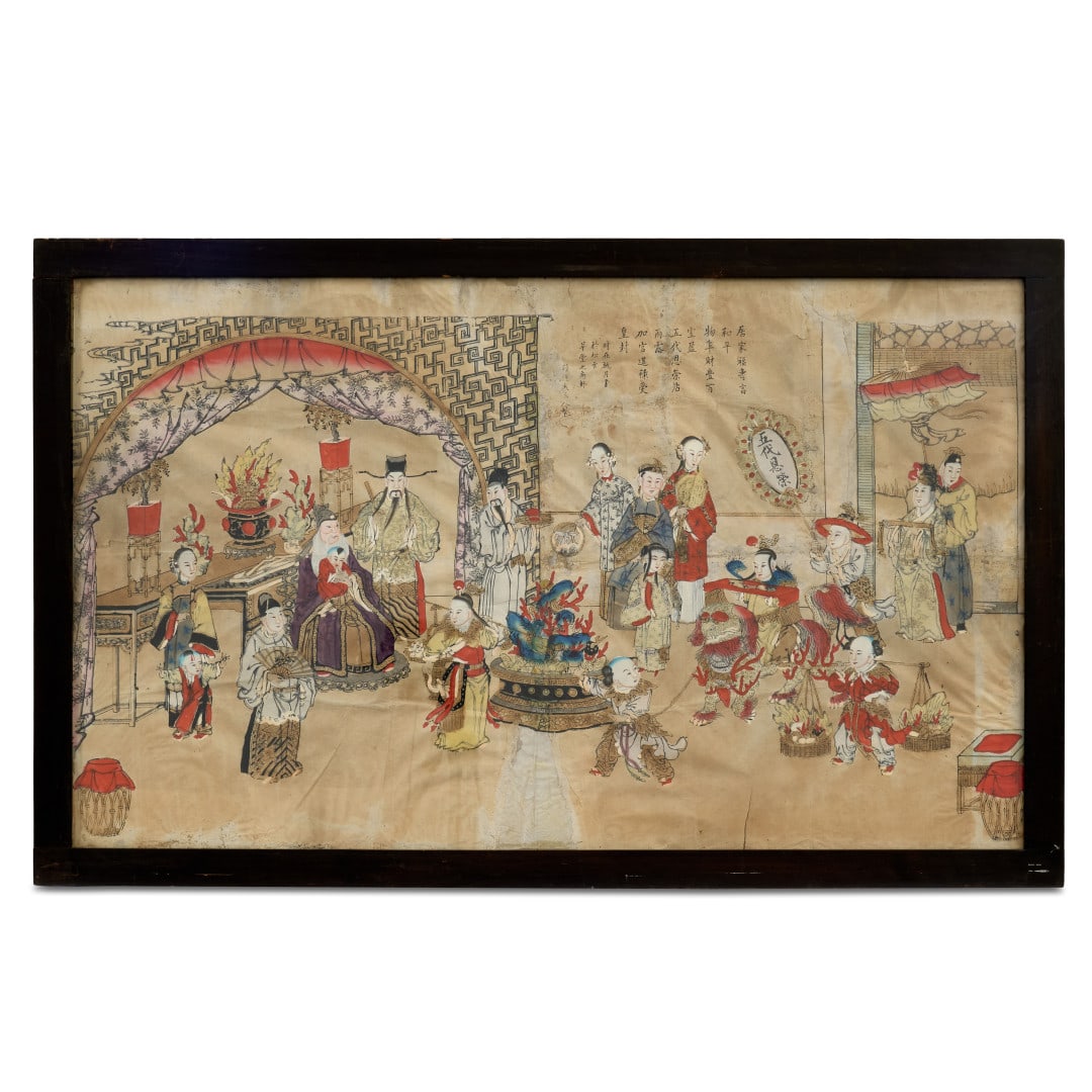 Painting China, Qing dynasty, 19th century: Ink and colors on paper, depicting a procession of children on the right, one of whom is riding a Buddhist lion, approaching a high dignitary seated on the left, the scene is set in an interior with n