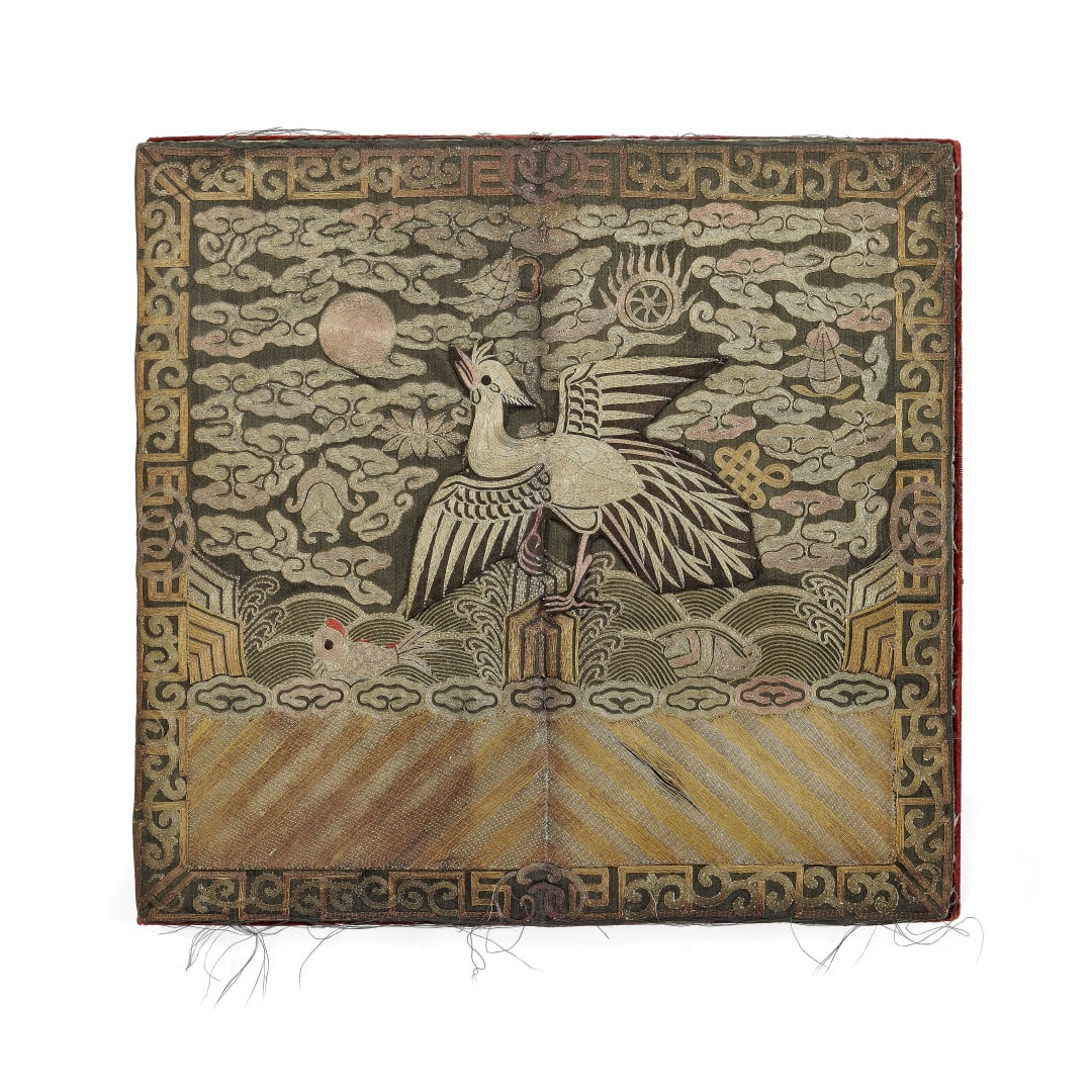 Rank badge China, Qing dynasty, 19th century: Silk embroidered with polychrome threads, featuring a goose perched on a rock emerging from sea waves, its beak pointing to the sun, intended for a civil official. For a series of similar rank badges