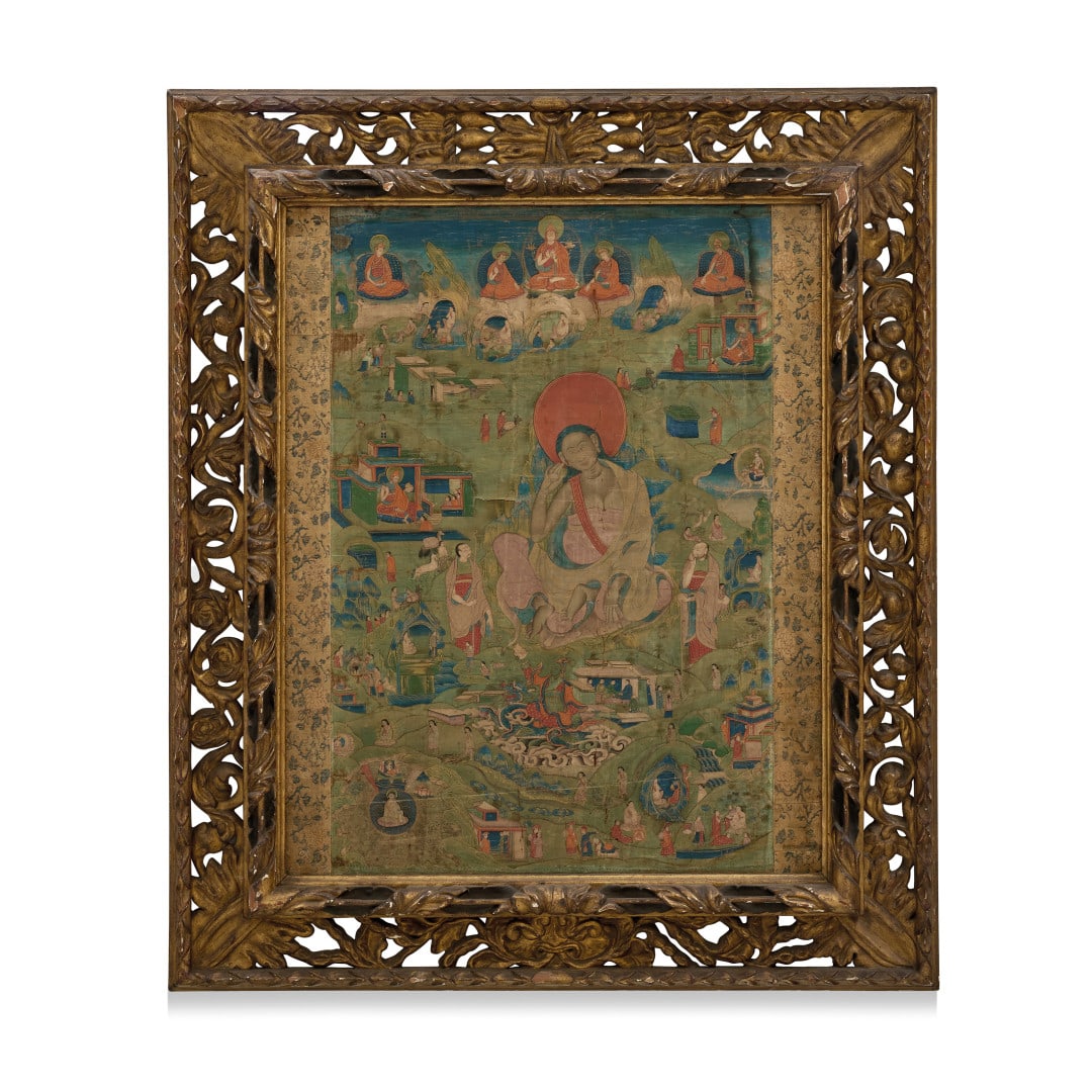 THANGKA Tibet, 18th century: Ink and colors on fabric, the center with a large depiction of Milarepa, surrounded by scenes with episodes from his life, by deities, disciples and followers in a landscape with rocks and pavilions,