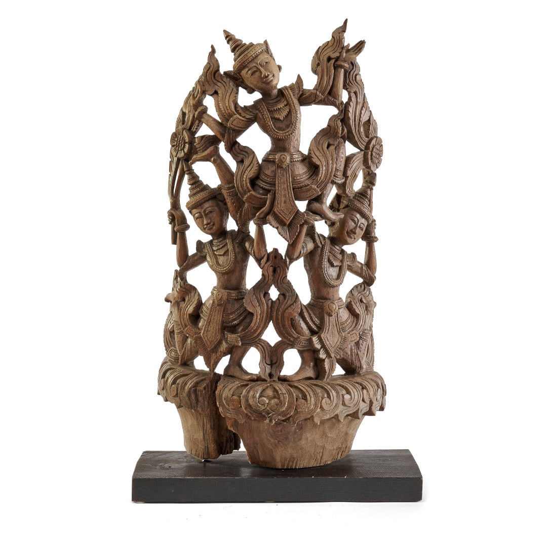 TWO dancing figures Burma, early 20th century: Carved wood, the two figures depicted in dynamic poses amidst fluttering strips of fabric. ?????Defects. 29.5 x 17.9 x 7.1 in.