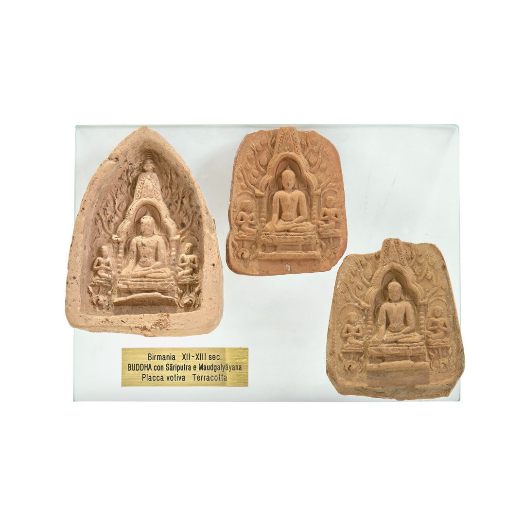 Three votive tiles Burma, 12th-13th Century: Molded earthenware with Buddhist deities within aedicules. 5.1 x 7.1 in.