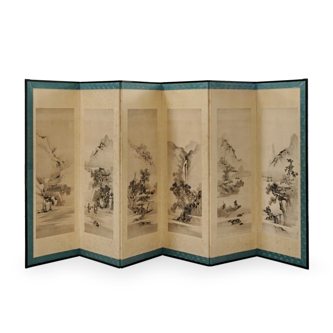 ATTRIBUITO A KANO YASUNOBU 1613-1685 Chinese-style landscapes Edo period: Six-panel screen painted in ink on paper. 67.72 x 146.46 in. Yasunobu was a leading exponent of the Kano school in the 17th century. He was, among other things, the master of Ogata Korin (1658-1716),