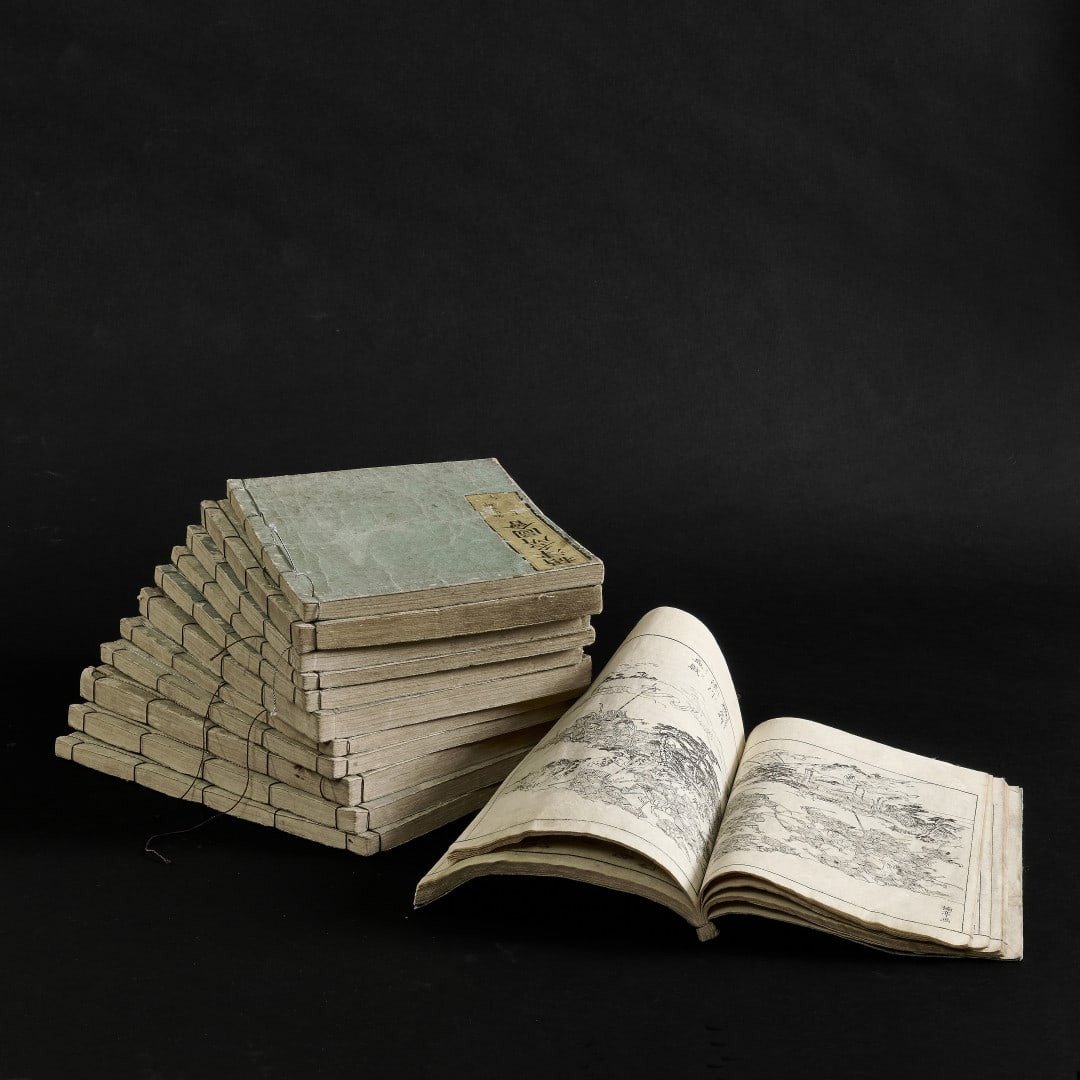 Twelve volumes Japan, Edo period, 1798: Woodblock print, complete twelve-volume edition of the work entitled "Illustrations of Famous Places in Settsu Province" (Settsu meisho zue), published by Kawachiya Tasuke, containing numerous illustr