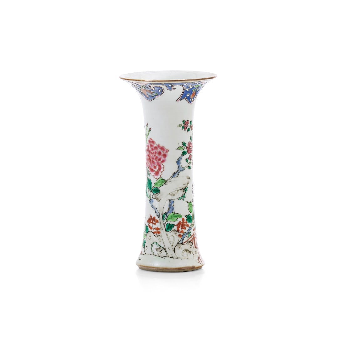 Vase China, mid-18th Century: Porcelain painted with ‘Famille Rose’ enamels with a floral decoration. Difetti. 7.7 x 3.8 in.