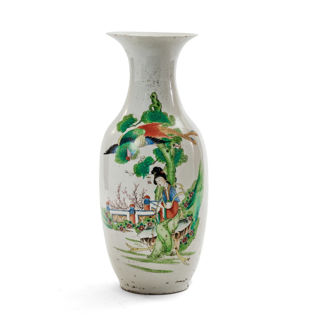 Vase China, 20th century: Porcelain painted with polychrome enamels, decoration of a female figure and bird in a landscape. Handles missing. 22.4 x 8.3 in.