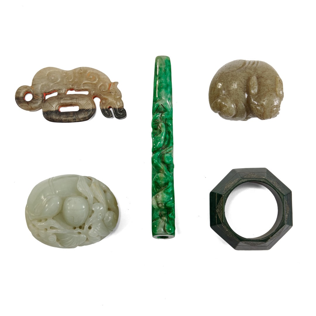 Five carvings China, 20th century: Jade. 4.5 x 0.4 in. the largest