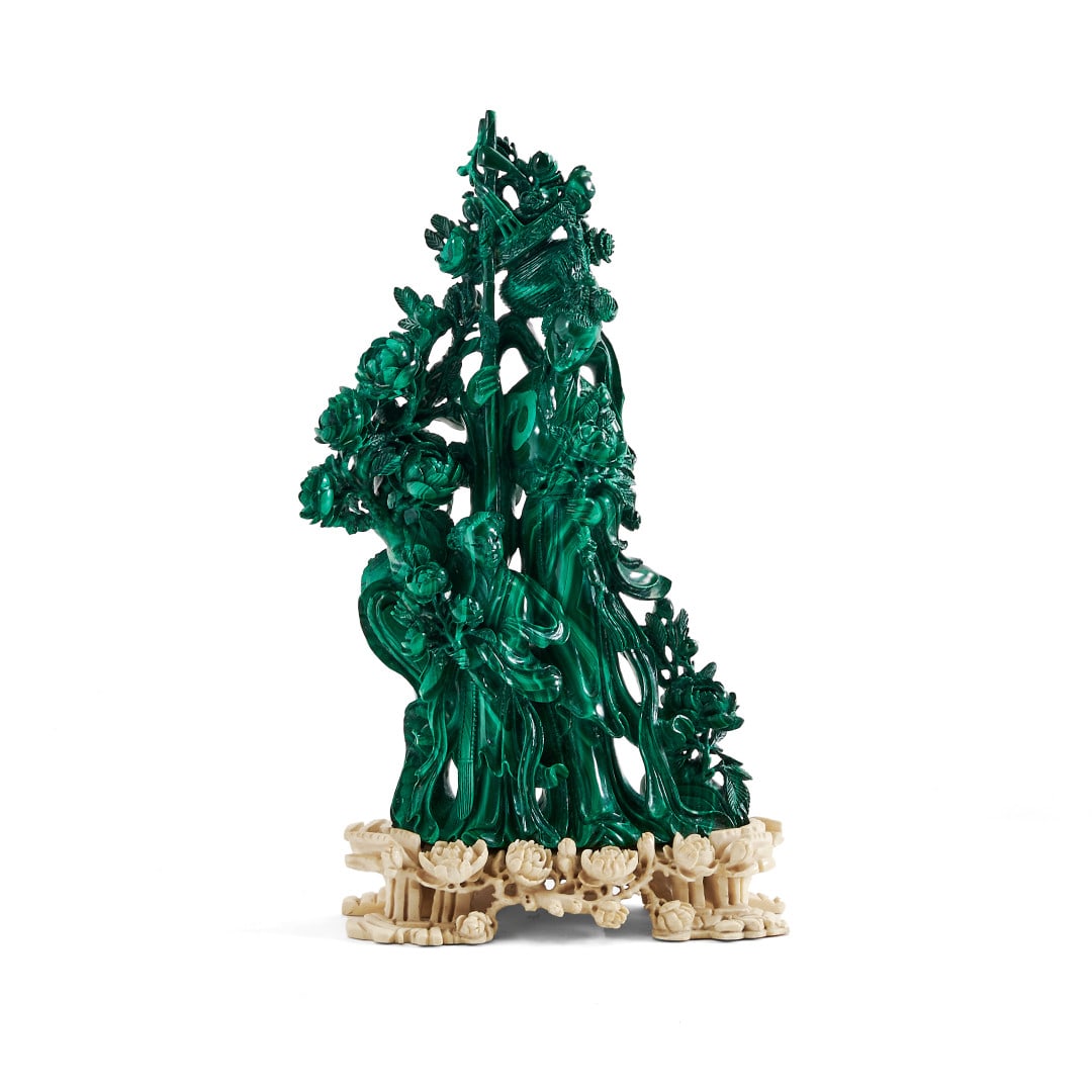Carving China, 20th Century: Malachite, composition with two female figures amidst peony flowers. 9.6 x 6.1 x 3 in.