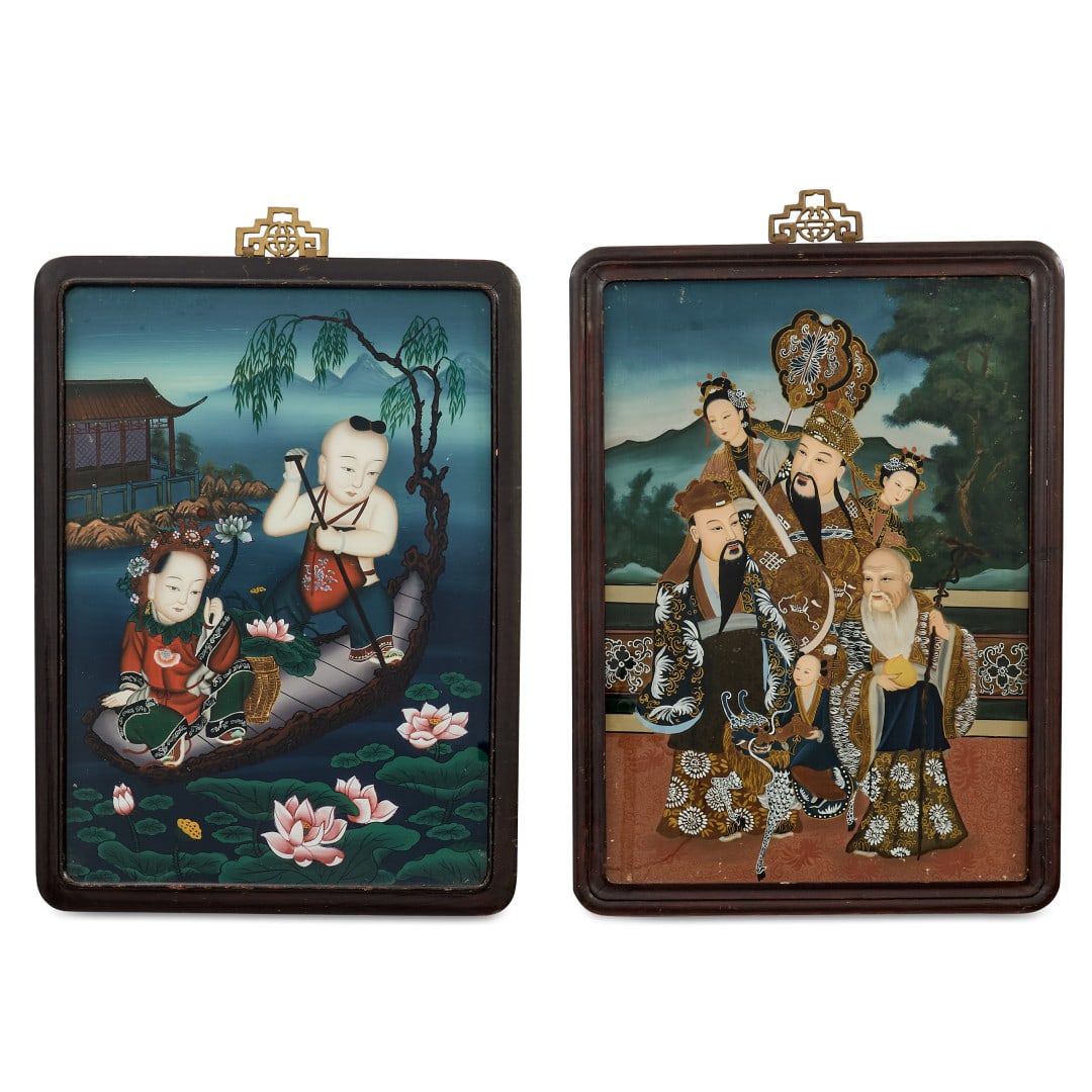 Two paintings China, 20th century: Reverse painted glass, each with wooden frame and metal fittings, one depicting the three Fulushou deities with a lady in a garden, the other with two children in a boat in a lotus pond. 23.6 x 17.1