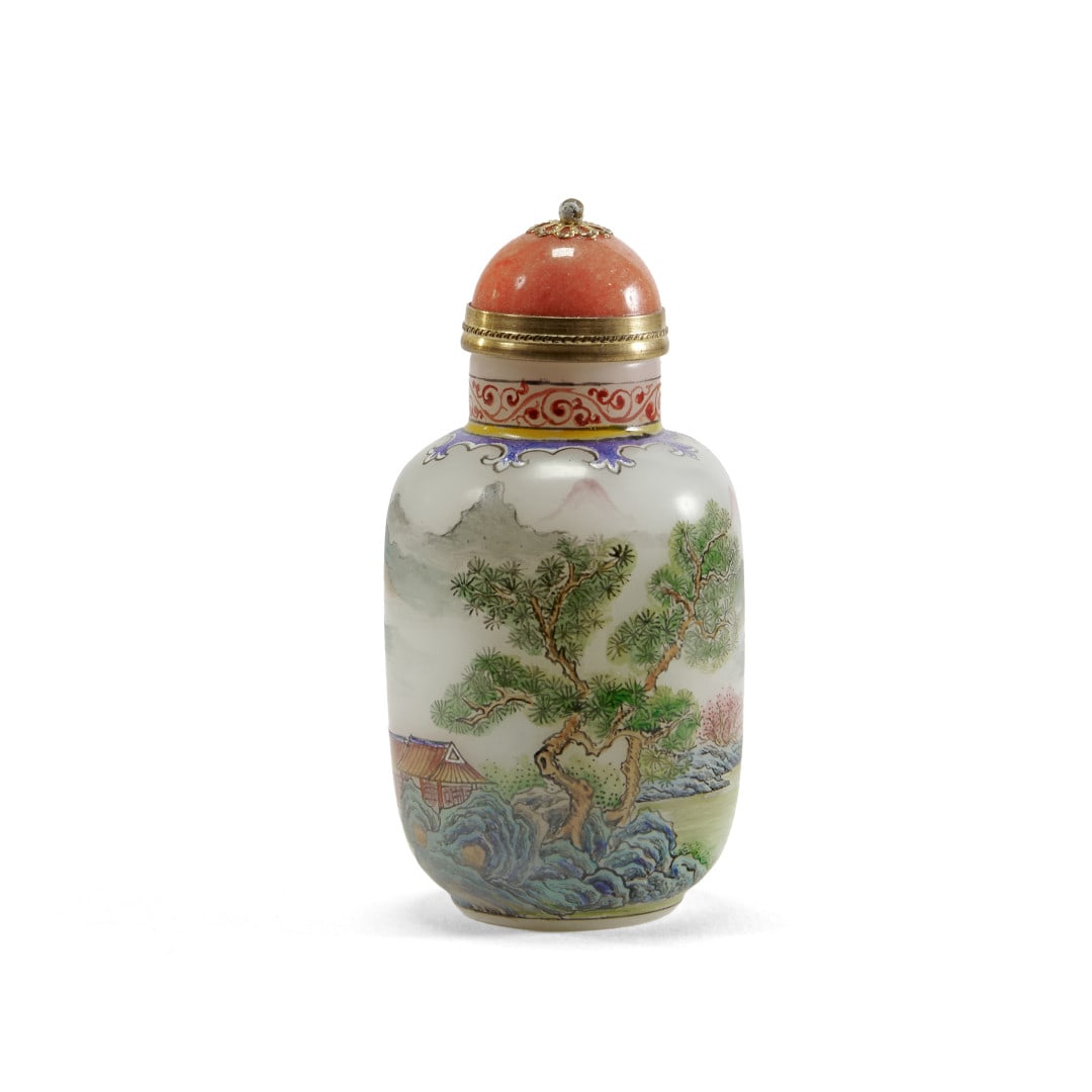 Snuff bottle China, 20th century: Painted reverse glass, decorated with landscapes. 2.8 x 1.4 in.