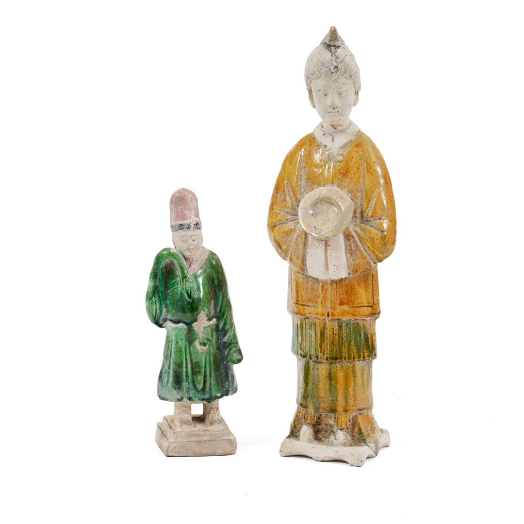 Two figures China, 20th century: Glazed ceramic, Ming style. 15.7 x 4.7 x 3.1 in. the largest