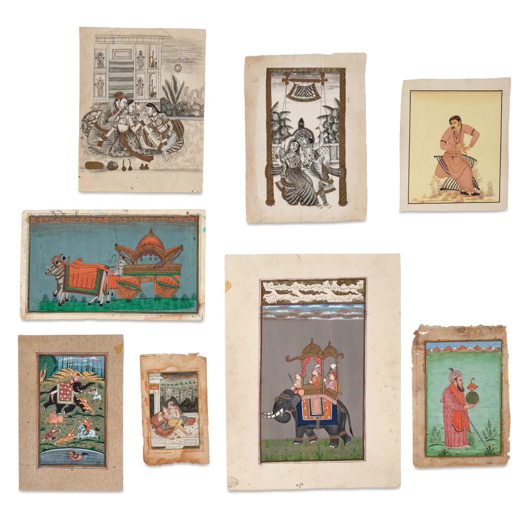 Eight miniature paintings India, 19th-20th century: Ink and colors on paper. 12.4 x 9.3 in. the largest