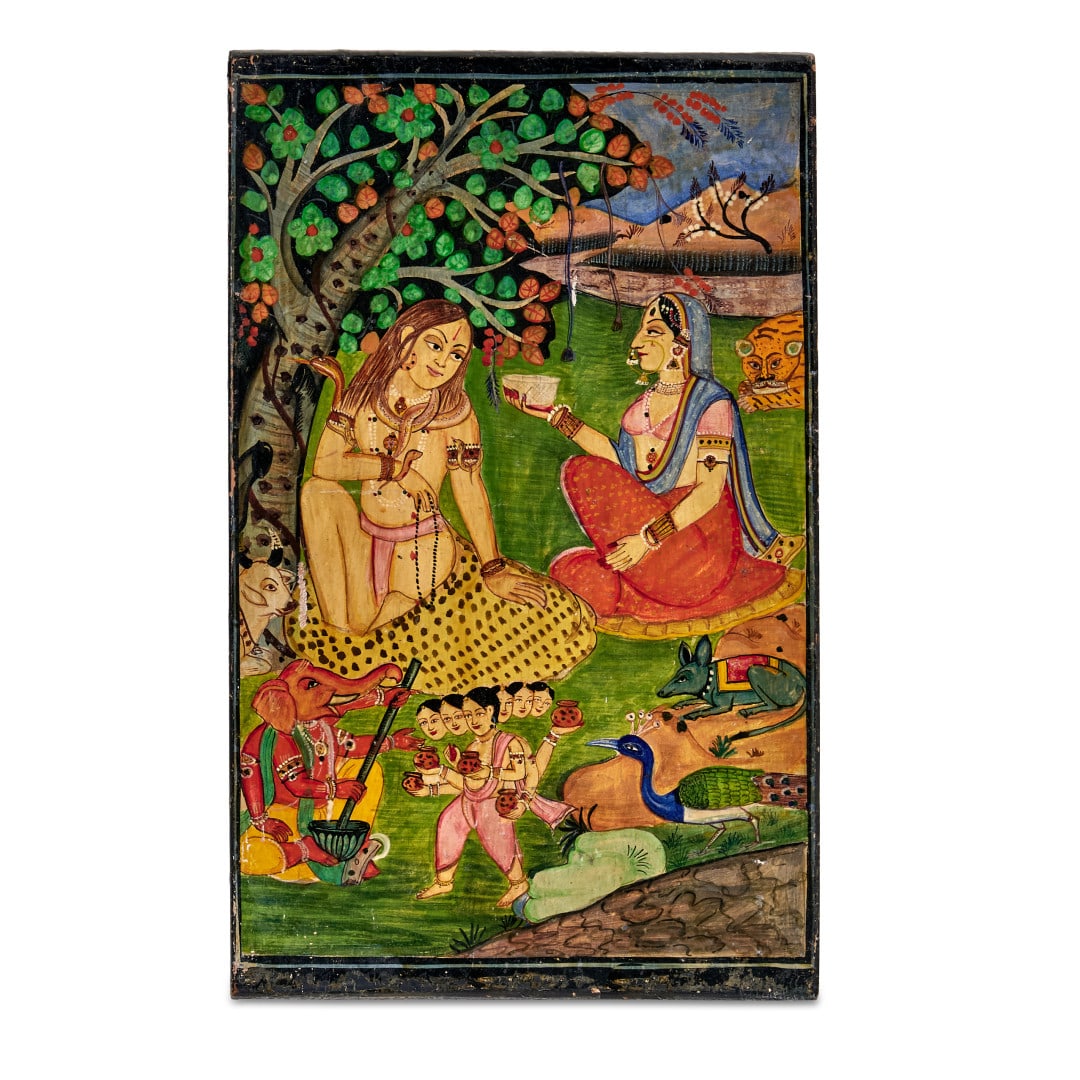 Painting India, 20th century: Colors on wood, figures and deities in a landscape with animals. 11.8 x 7.5 in.