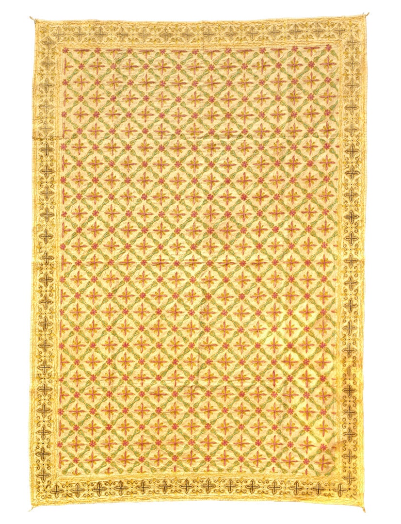 Large fabric India, 20th century: Yellow ground with polychrome stylized flowers. 85.4 x 58.3 in.