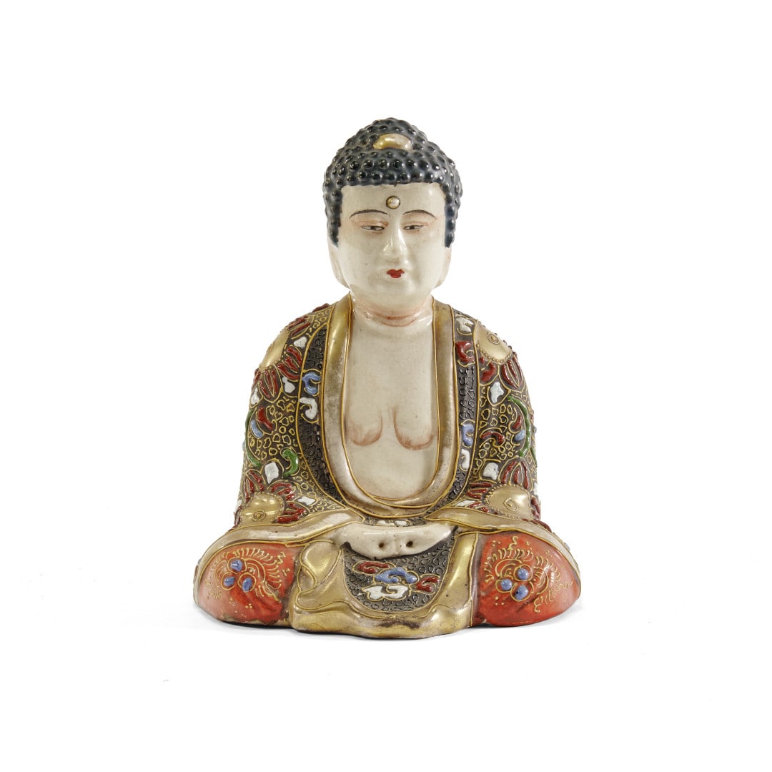 Amida Buddha Japan, Meiji period: Satsuma-type ceramic with decoration in polychrome enamels. 5.3 x 4.3 x 3.7 in.