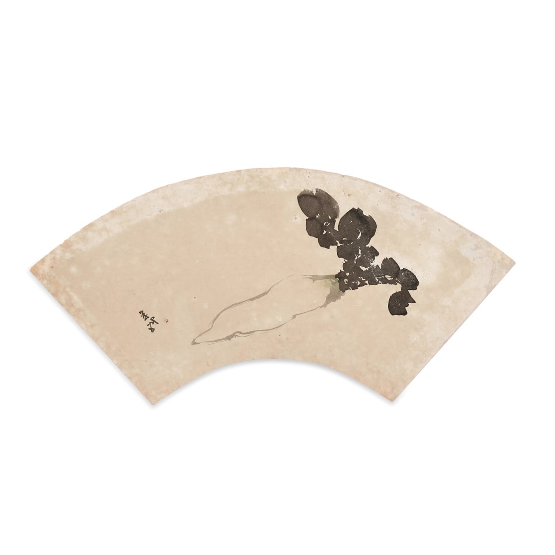KISHI GANTAI 1782-1865 Fan: Ink on paper, depicting a daikon, signature with seal on the left. Active in Kyoto, Kishi Gantai was the son of Kishi Ganku (1749-1839), founder of a highly successful school. 8.07 x 16.54 in.