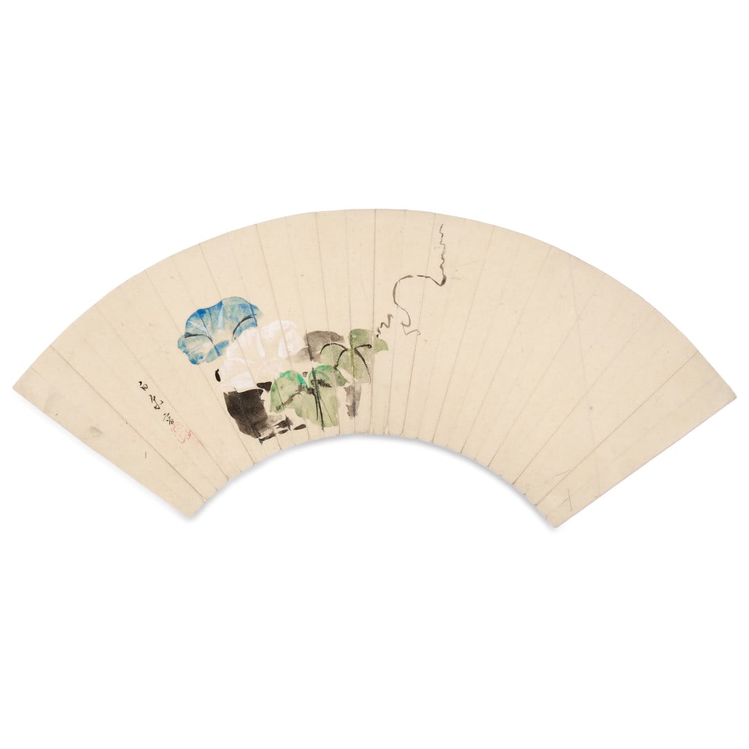 Fan Japan, Meiji period: Ink and colors on paper, depicting bindweed flowers (aogai), signature and seal on the left. 7.9 x 18.4 in.