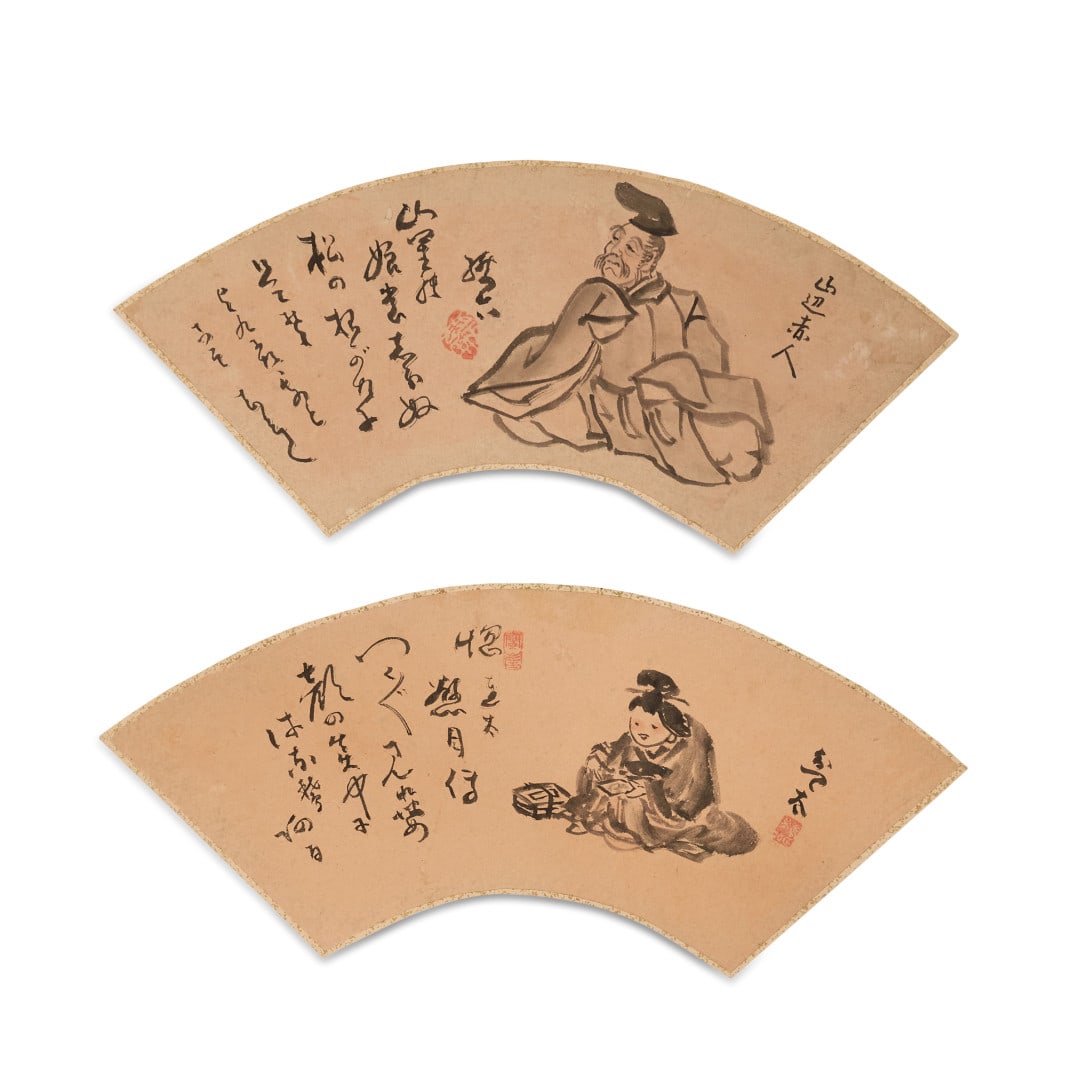 Two fans Japan, Meiji period: Ink on paper, each depicting a traditional poet accompanied by inscriptions. 7.1 x 16.1 in.