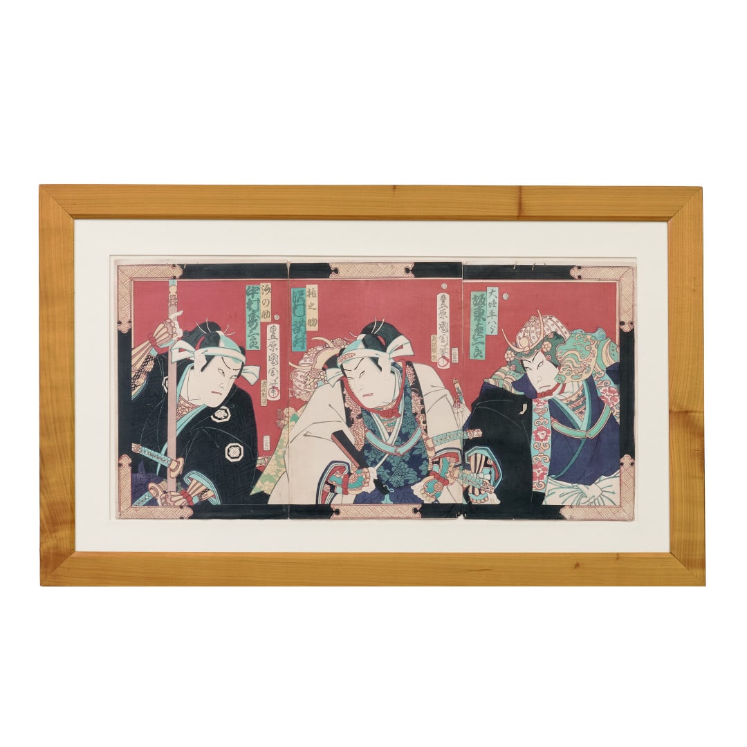 TOYOHARA KUNICHIKA 1835-1900 Kabuki actors Meiji period, 1872: Triptych of large-format polychrome woodcut prints (oban). Measures including the frame. 22.05 x 36.22 in.