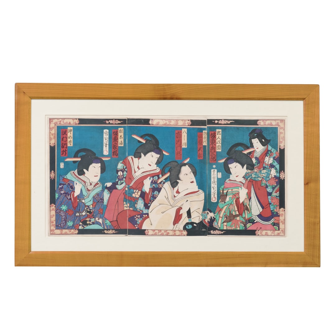 TOYOHARA KUNICHIKA 1835-1900 Kabuki actors Meiji period, circa 1870: Triptych of large-format polychrome woodcut prints (oban). Wooden frame and protective glass. Measures including the frame. 22.05 x 36.22 in.